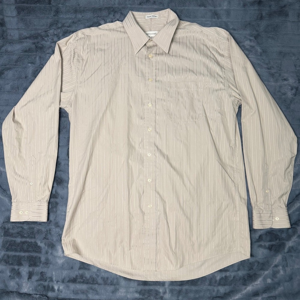 Pronto Uomo Mens Non Iron Dress Shirt 17 36/37 Tan Beige Striped Cotton 6485